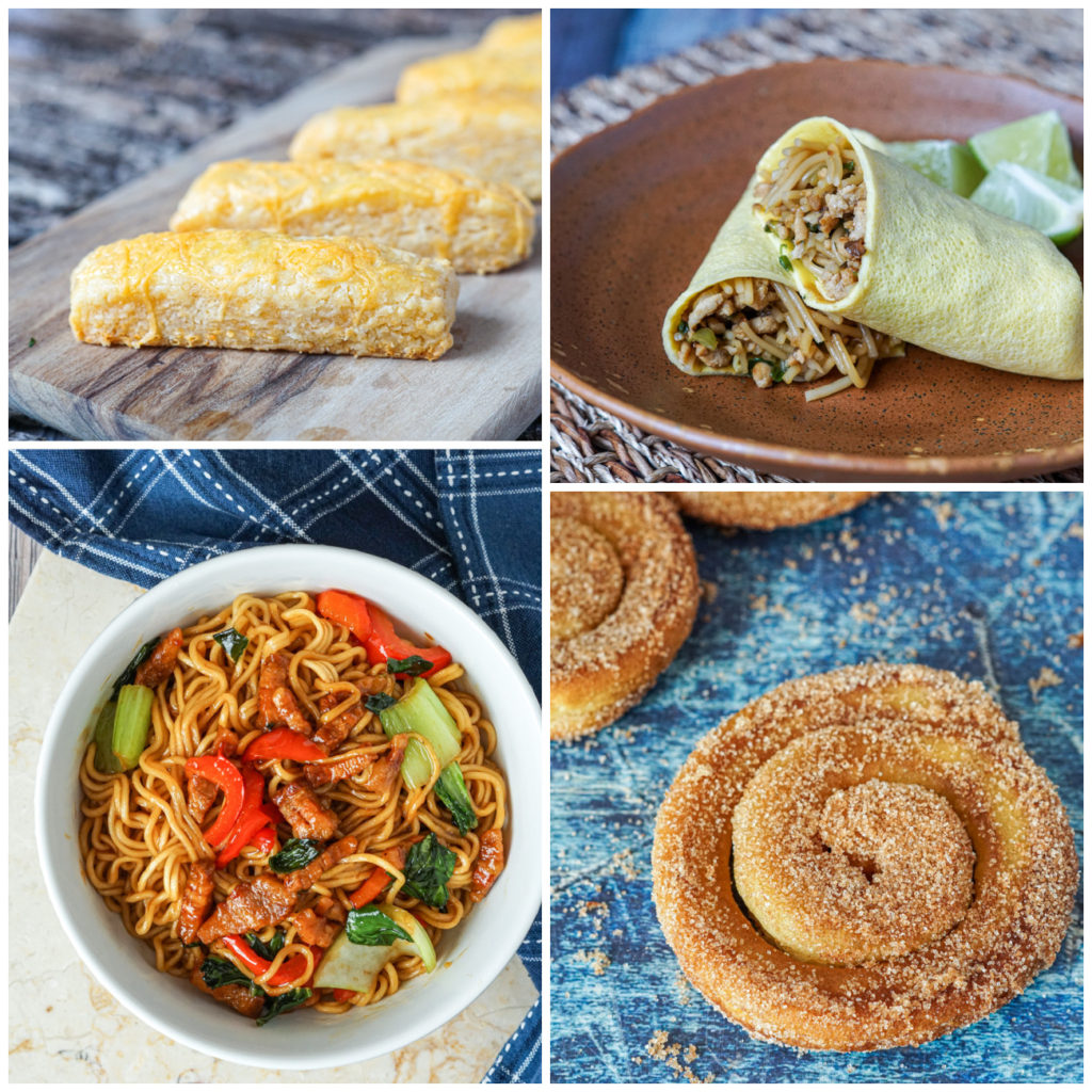 Kue Keju (Cheese Biscuits), Sose Solo (Egg Crepe Rolls), Indomie Dengan Babi Tore (Crispy Pork Belly Instant Noodles), and Kue Perut Ayam (Indonesian Cinnamon Doughnuts).