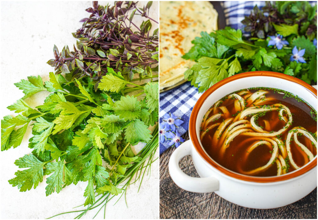 Two photo collage of a bunch of herbs and Kräuterflädle-Suppe in a white bowl.