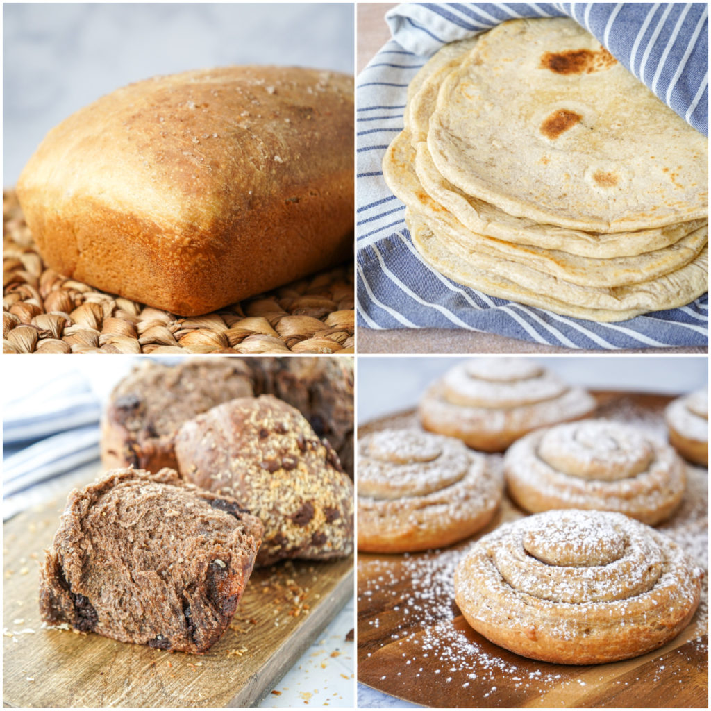 Olive Oil and Sea Salt Tin Loaf, Tortillas de Harina (Flour Tortillas), Choco Pan de Coco, and Mallorcas.