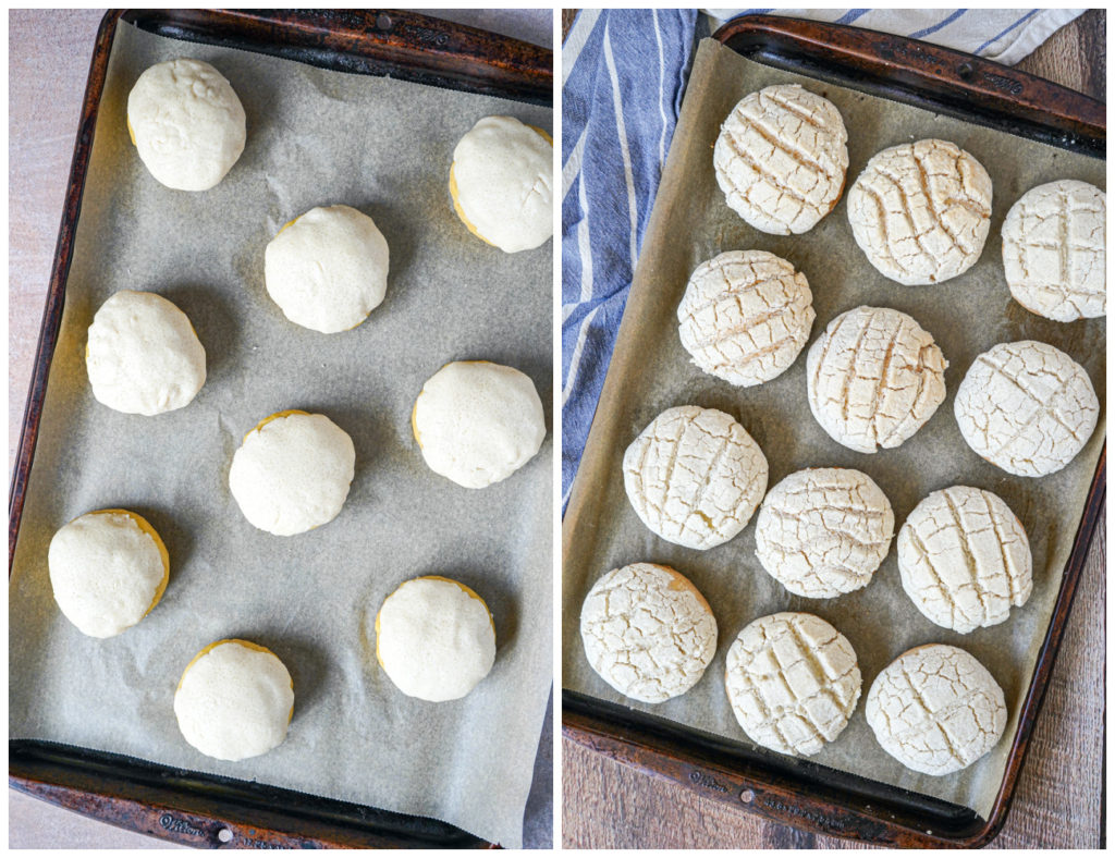 Semitas de Yema on a baking sheet, unbaked and baked.