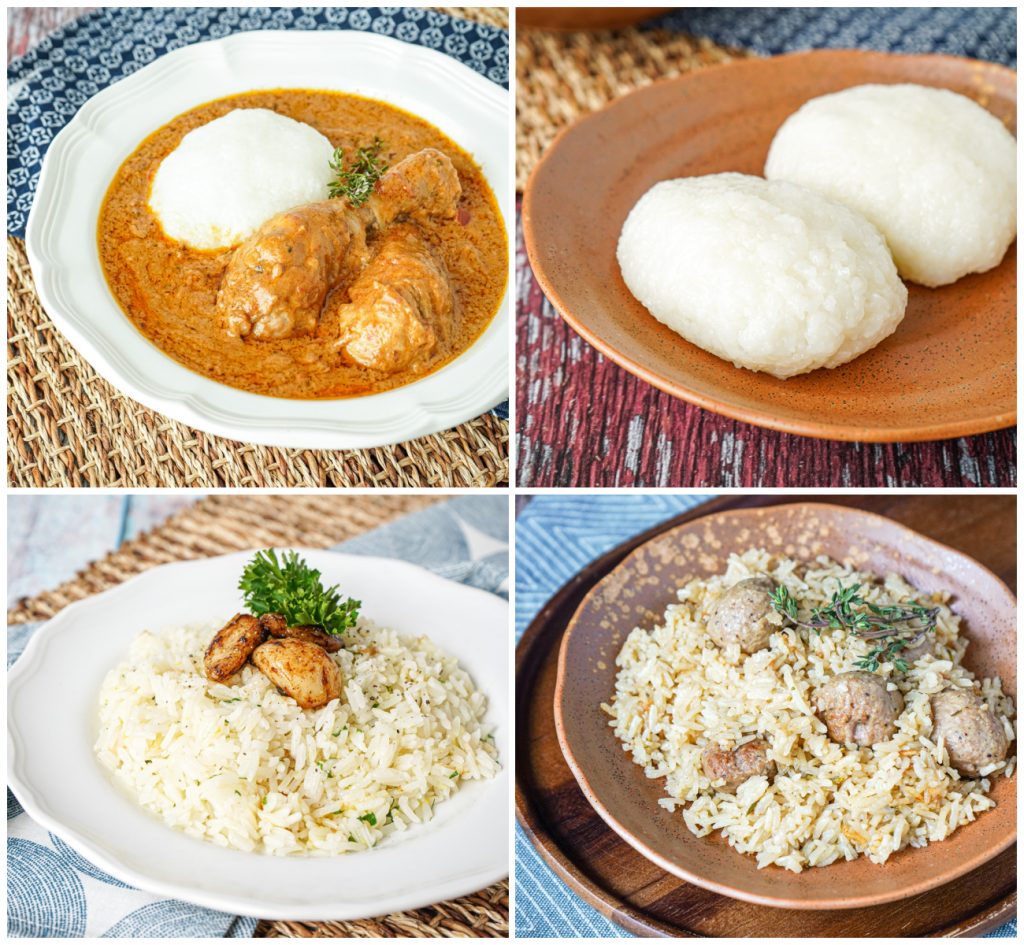 Groundnut Stew My Way, Omo Tuo (Rice Balls), Meyer Lemon Rice with Candied Garlic, and Sausage Pilau.