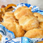 Papo Secos in a basket with a blue and white towel.