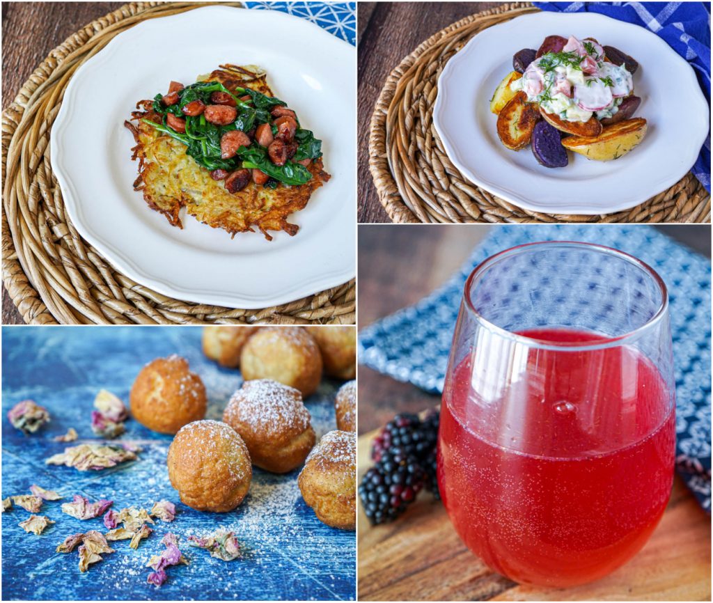Amber and Rye Potato Latkes with Smoked Sausage and Spinach, Greta's Gran's Potatoes with Kefir and Summer Vegetables, Rose-Scented Mini Doughnuts with Spiced Sugar, and Blackberry Wine Spritzer.