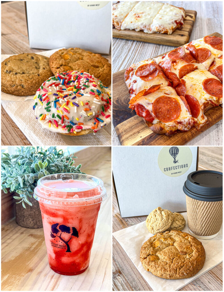 Four photo collage of donuts, pizza, frozen lemonade, and cookies from Confections by Kirari West.