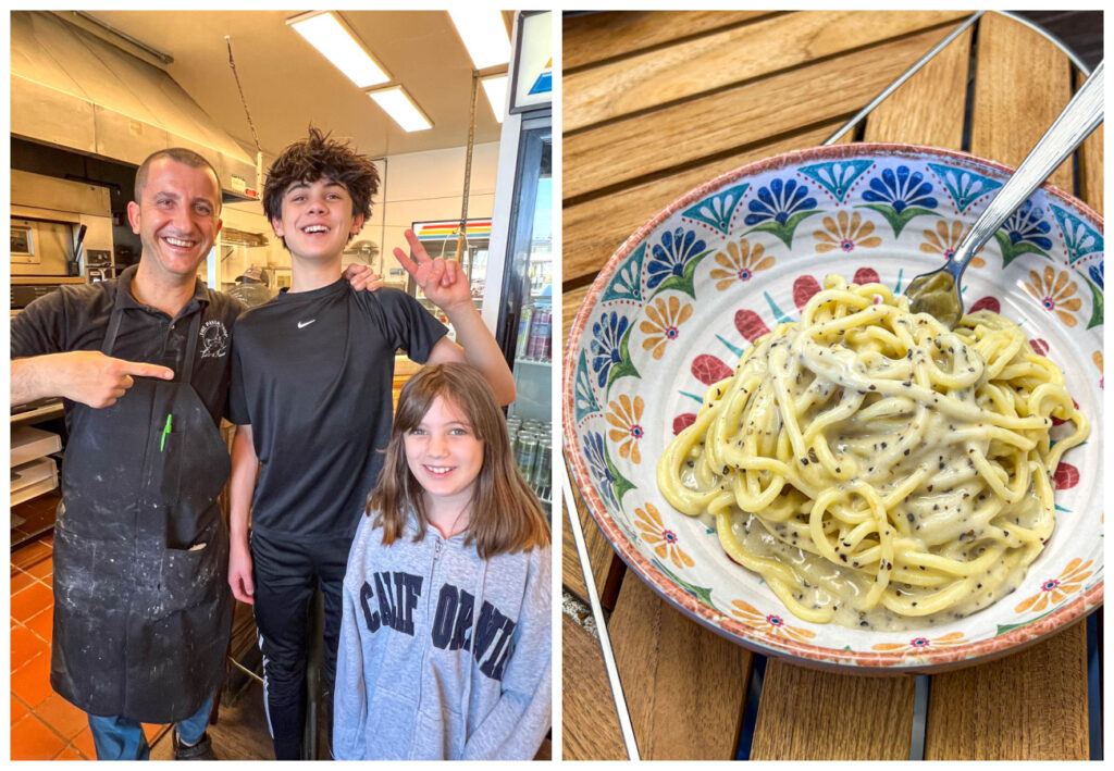 Two photo collage of boy and girl next to Marco of Fatto a Mano and a bowl of Cacio e Pepe.
