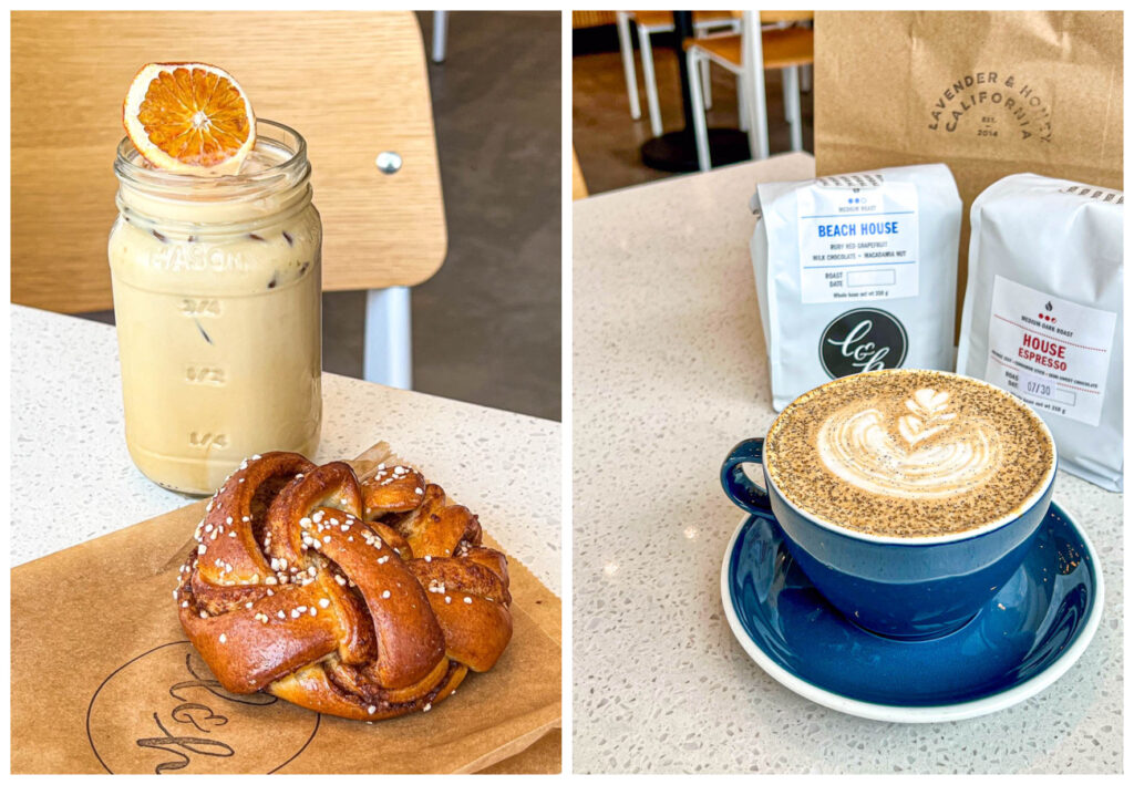 Two photo collage of iced coffee, cinnamon roll, and vanilla latte from Lavender and Honey.