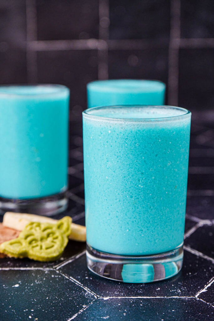 Side view of Galaxy's Edge Inspired Blue Milk in three glasses.