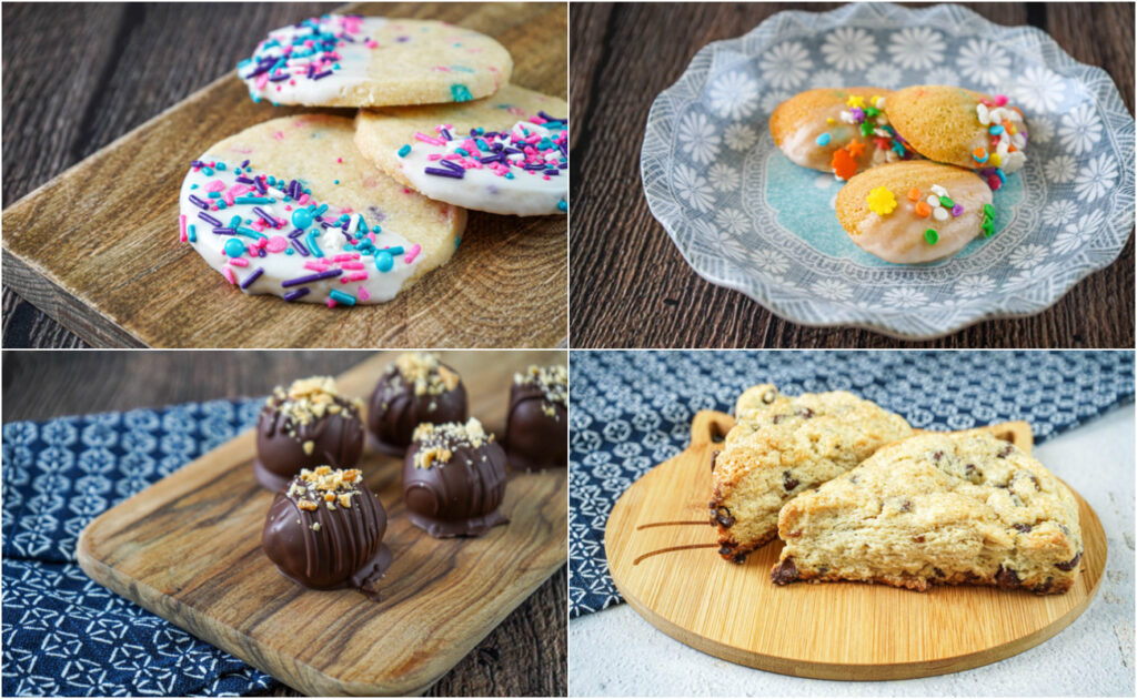 Rainbow-Speckled Birthday Cake Shortbread Cookies, Fluffy Birthday Cake Madeleines, Chocolate-Covered Peanut Butter Truffles, and Chocolate Chip Cookie Scones.