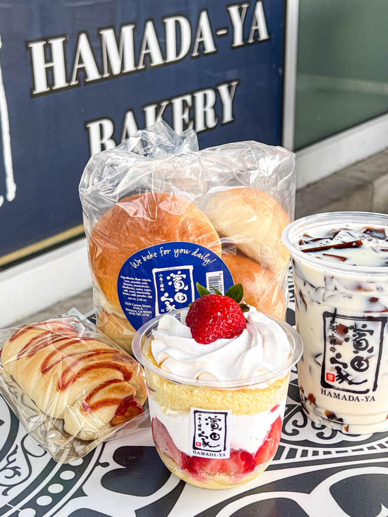 Strawberry Parfait, Coffee Jelly Milk, Hot Dog Bun, and Rolls from Hamada-Ya Bakery.