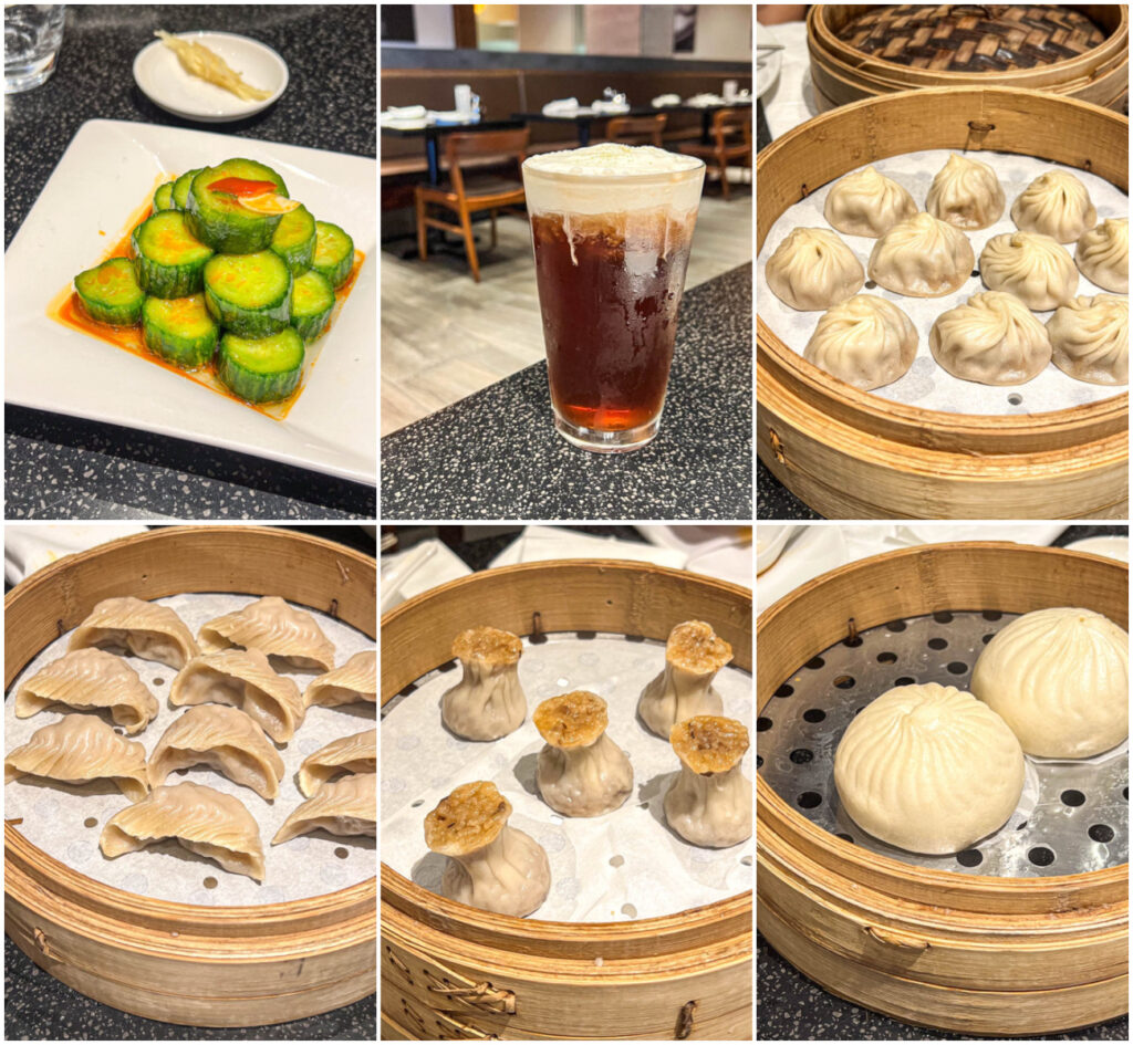 Six photo collage of cucumbers, sea salt tea, soup dumplings, shrimp dumplings, sticky rice dumplings, and steamed pork buns.