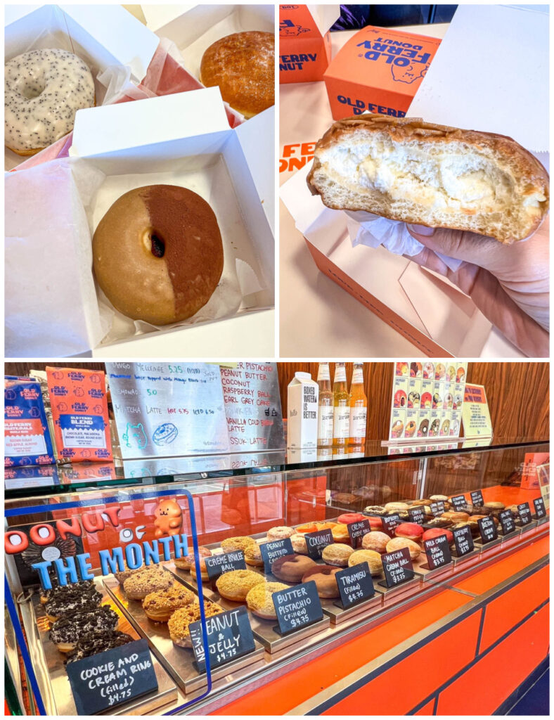 Three photo collage of Tiramisu Donut, Lemon Poppy Seed Ring, and Creme Brûlée Donuts plus more donuts on display in a case.