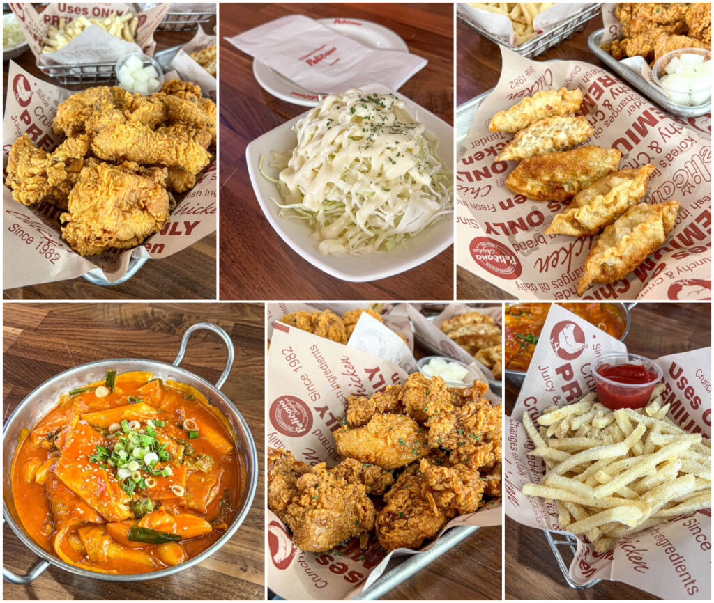 Six photo collage of fried chicken, cabbage salad, dumplings, rice cakes, fried chicken, and fries from Pelicana at The Source.