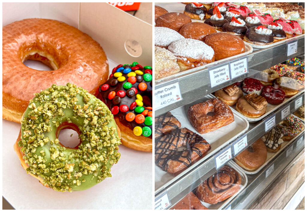 Two photo collage of three donuts plus more in a display case.