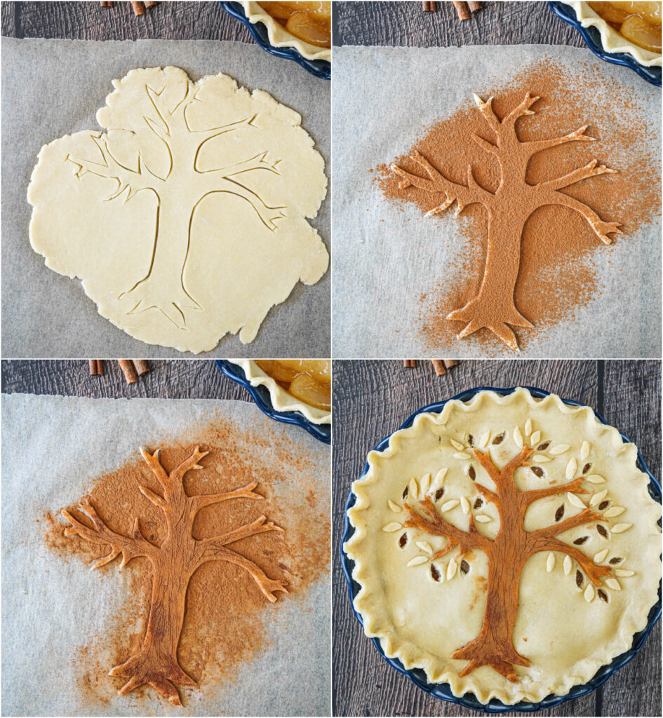 Four photo collage of cutting tree shape in pie crust and dusting with cinnamon to make the Harvest Tree Pie.