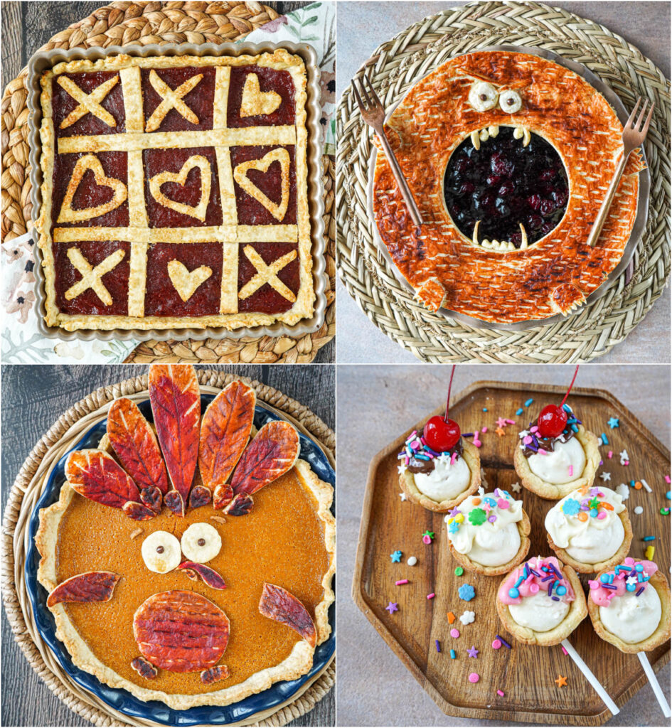 Tic-Tac-Toe Pie, Monster Mouth Pie, Goofy Turkey Pie, and PieKabobs from the cookbook, Pies are Awesome.