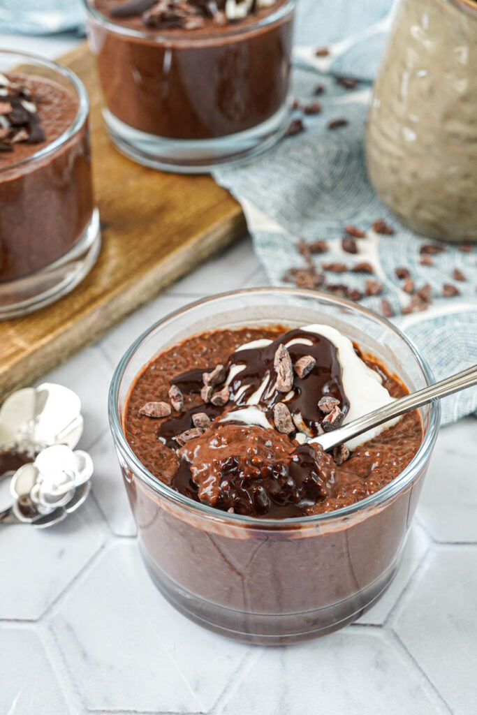 A spoonful of Espresso Chia Pudding with Espresso Cacao Sauce.