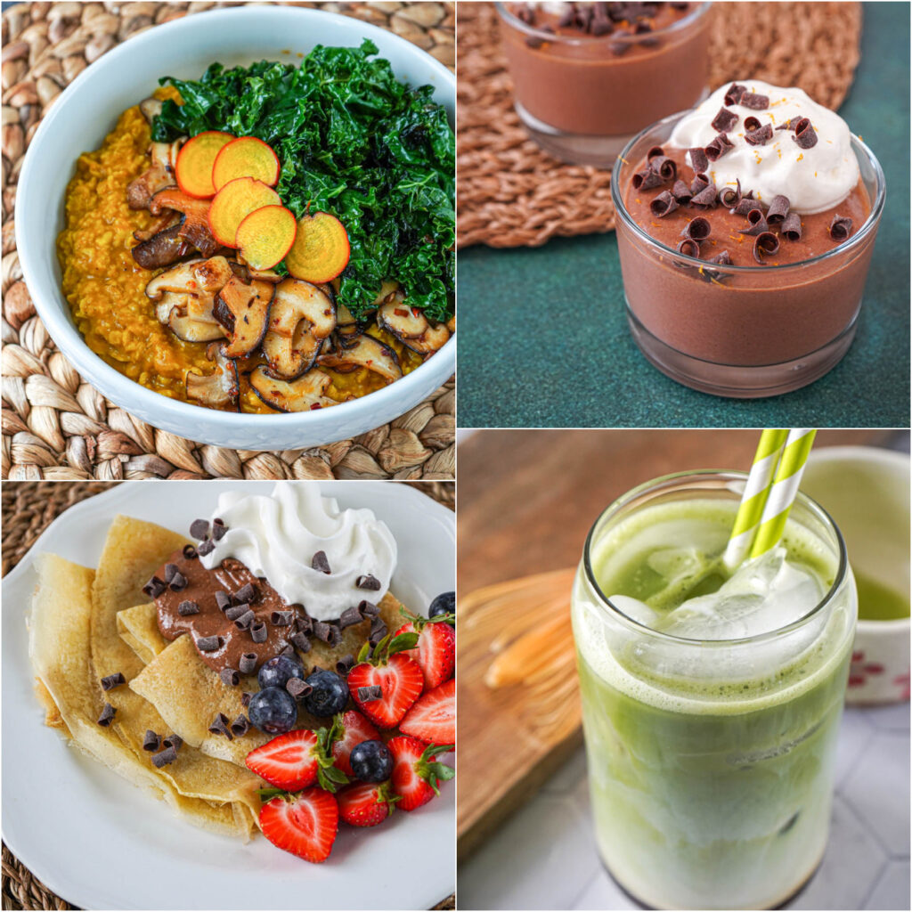 Turmeric Oats with Sautéed Shiitake Mushrooms, Lush Chocolate & Orange Mousse, Crepes with Chocolatey Cashew Butter, and Matcha Iced Latte.