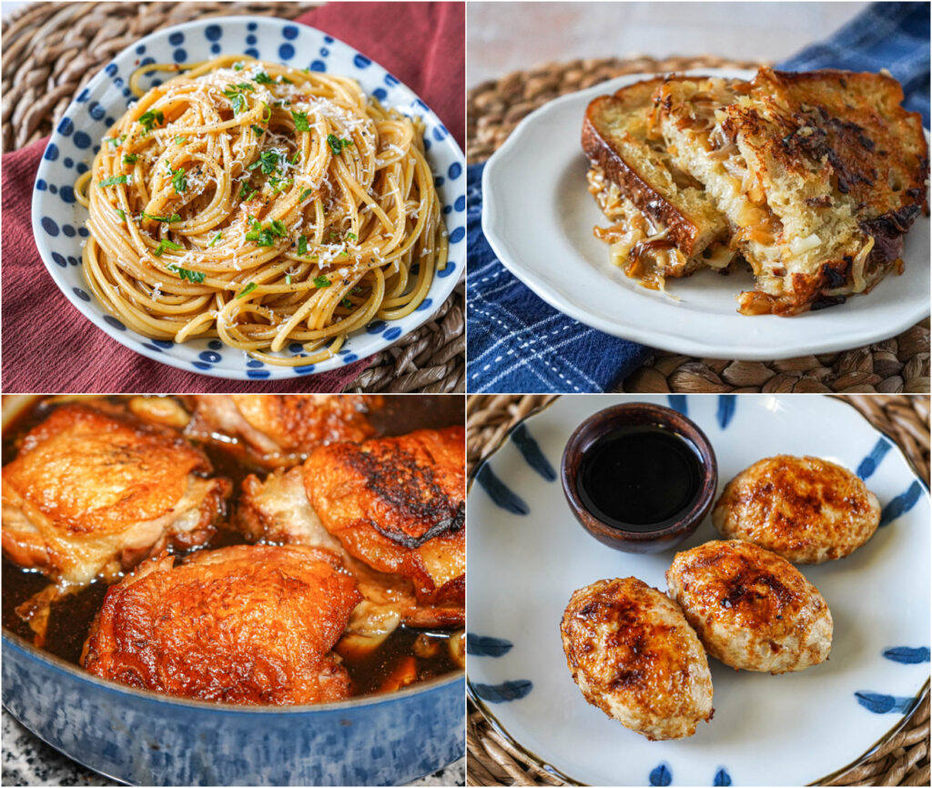 Brown Butter Soy Garlic Spaghetti, French Onion Grilled Cheese, Crispy Oven-Braised Filipino Chicken Adobo, and Tsukune (Chicken Meatball Yakitori) with Egg Yolk Tare Dip.
