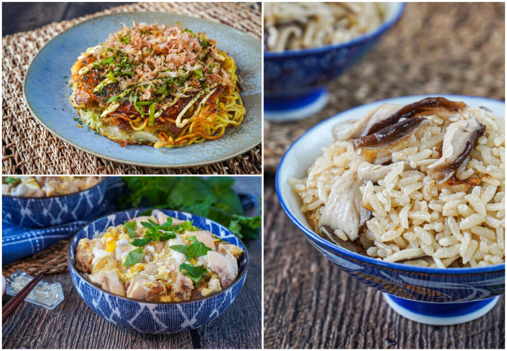 Hiroshima-Style Okonomiyaki with Ramen Noodles), Oyakodon (Chicken and Egg over Rice), and Mushroom Rice.