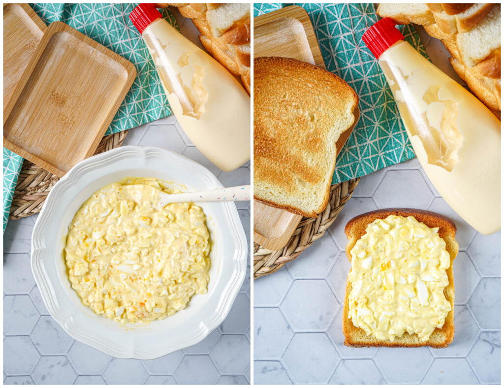 Two photo collage of egg salad in a bowl and spread over a piece of toast.