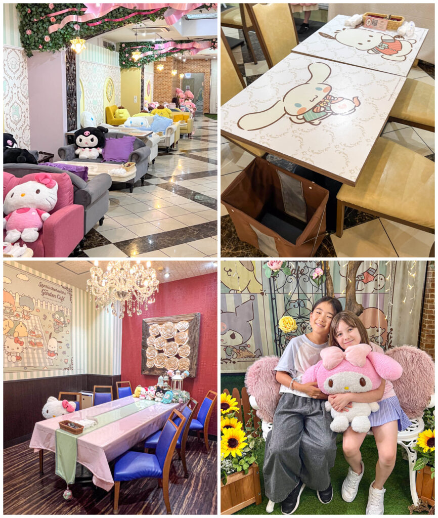 Four photo collage of Sanrio sofas with stuffed animals, Cinnamoroll table, Sanrio private room with pink table, and girls smiling on a bench with a My Melody stuffed animal.