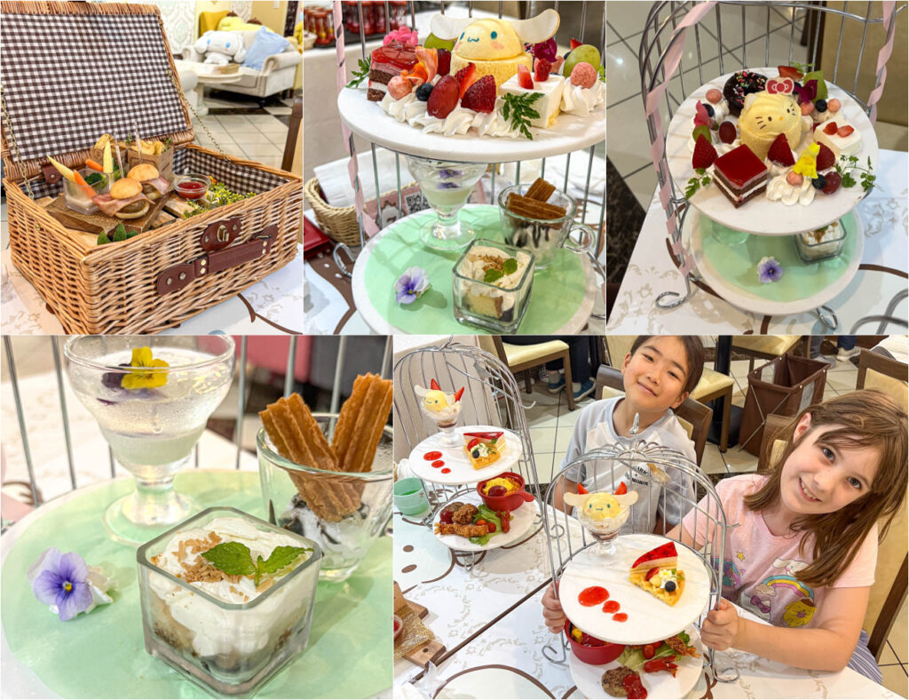 Five photo collage of burgers, Sanrio cake and desserts in a tiered cage, and two girls holding their tiered lunches.