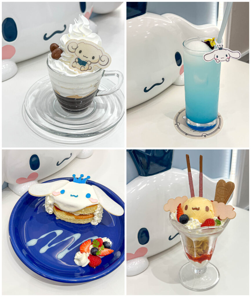Four photo collage of Viennese coffee, Calpico Float, Strawberry Shortcake, and Berry Parfait at Cinnamoroll Cafe.
