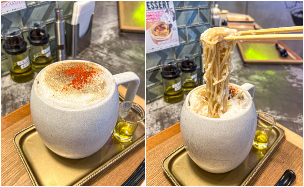 Two photo collage of Cappuccino Ramen in a mug-shaped bowl and chopsticks holding noodles from the bowl.