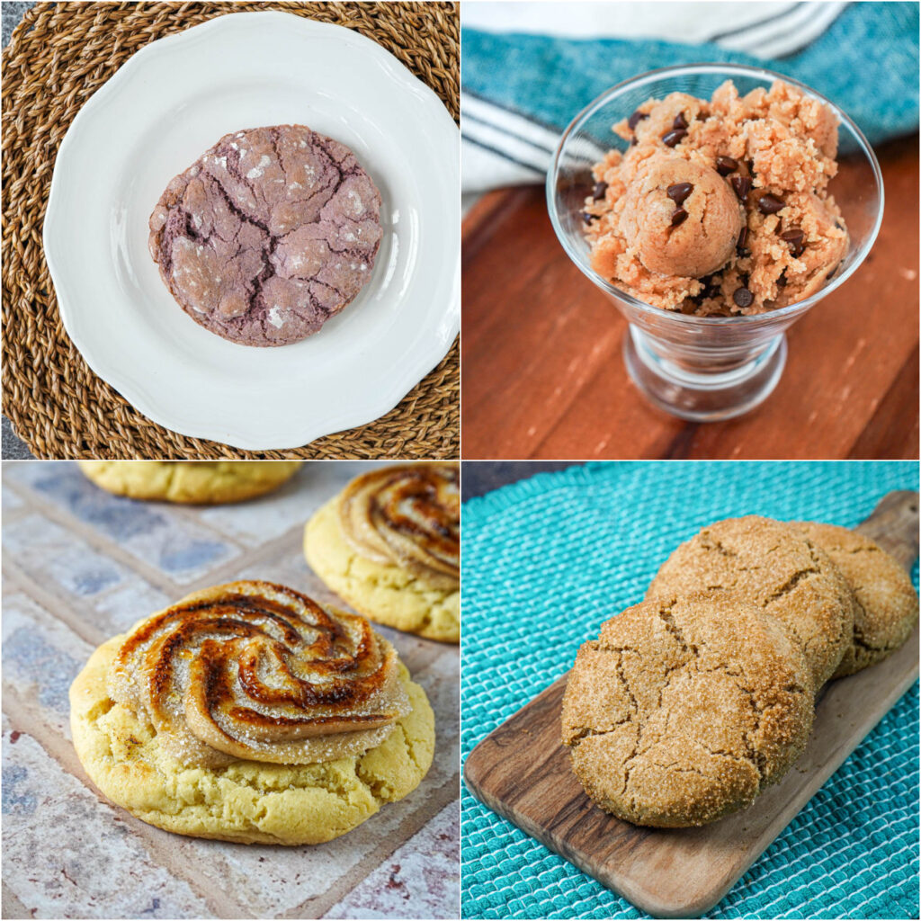 Giant Ube Cookies, Edible Cookie Dough, Crème Brûlée Cookies, and Browned Butter Crinkle.