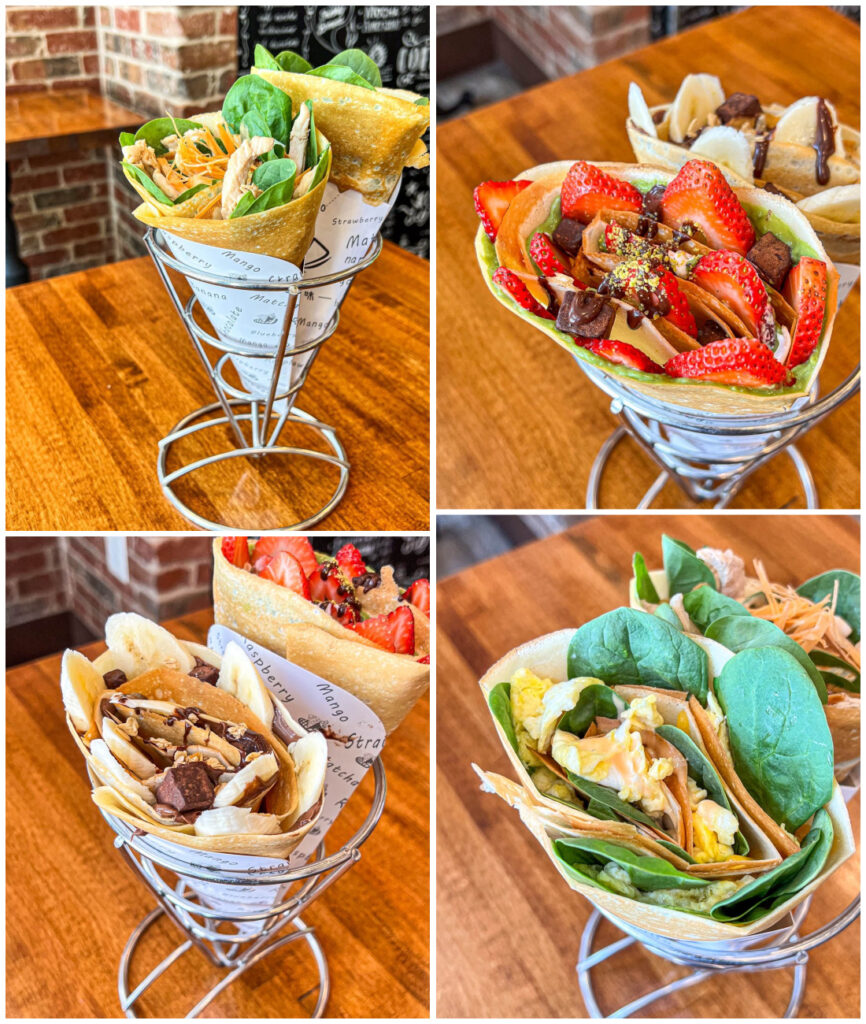 Four photo collage of chicken teriyaki crepe, matcha strawberry crepe, Nutella banana crepe, and egg crepe.