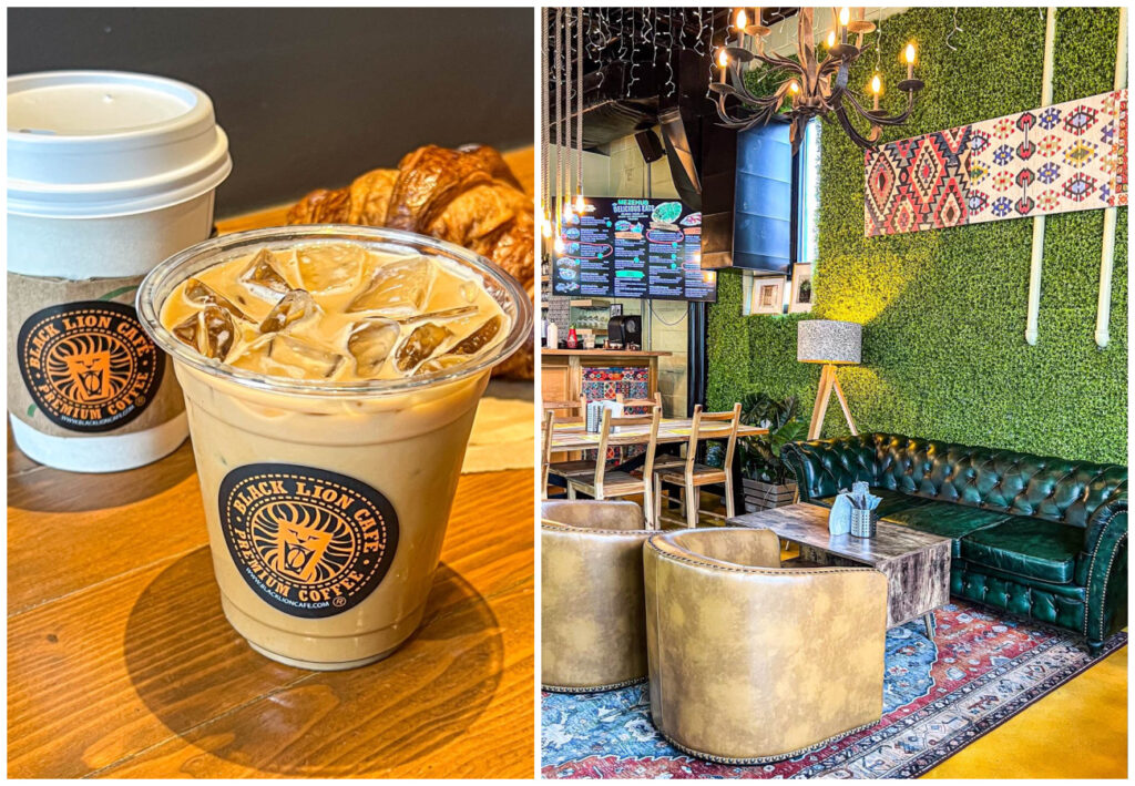 Two photo collage of Caramel Macchiato, Hot Chocolate, Butter Croissants, and sofa in seating area at Black Lion Cafe.