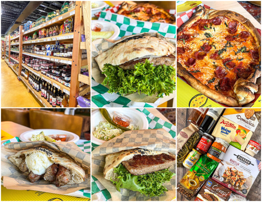 Six photo collage of jars on a shelf, Pljeskavica, Bosnian Pide, Kids Cevapi, Kids Balkan Burger Slider, and groceries from MezeHub.