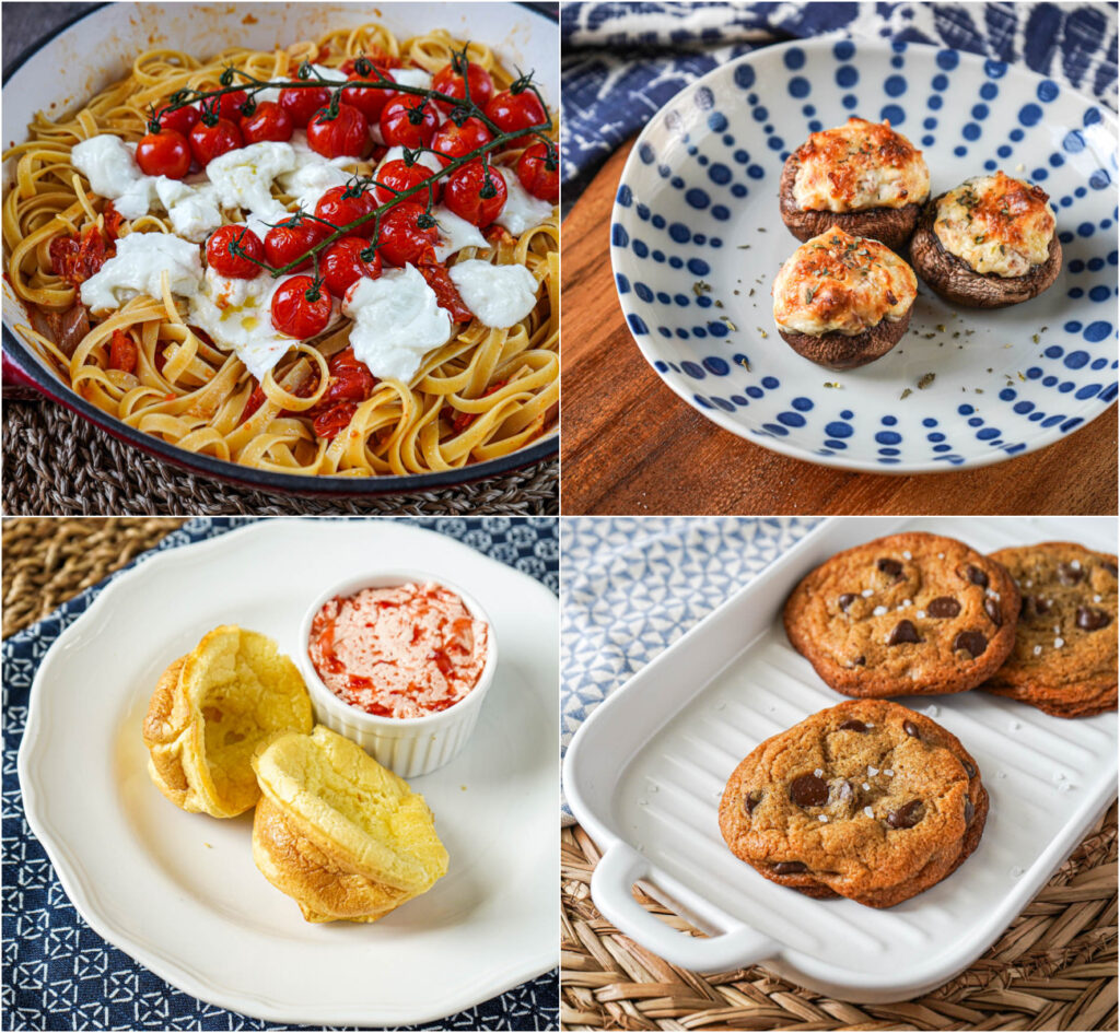 Simple Summer Fettuccine, Flavor-Popping Stuffed Mushrooms, Easy Blender Muffin Pan Popovers, and Epic Small-Batch Chocolate Chip Cookies.