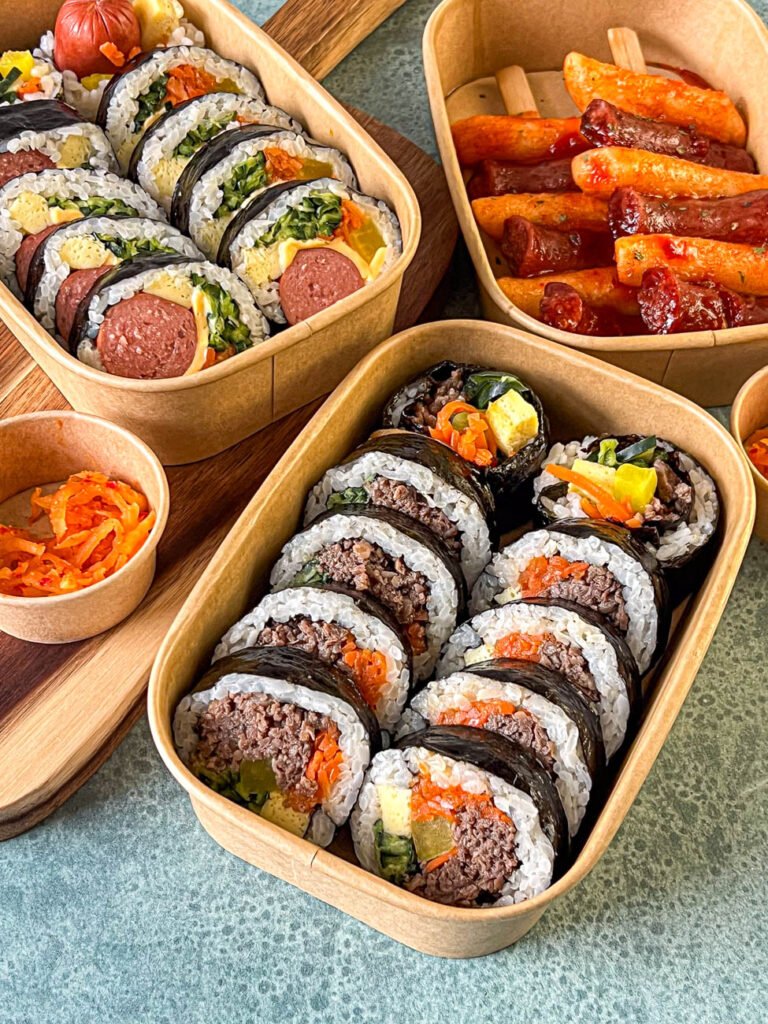 Bulgogi Kimbap, Sausage and Cheese Kimbap, and Sausage and Tteok from Kimbap Plus.