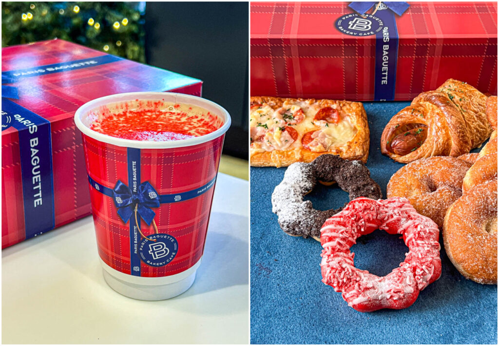Two photo collage of holiday mocha, pizza, mochi donuts, twisted donuts, and sausage croissant from Paris Baguette.