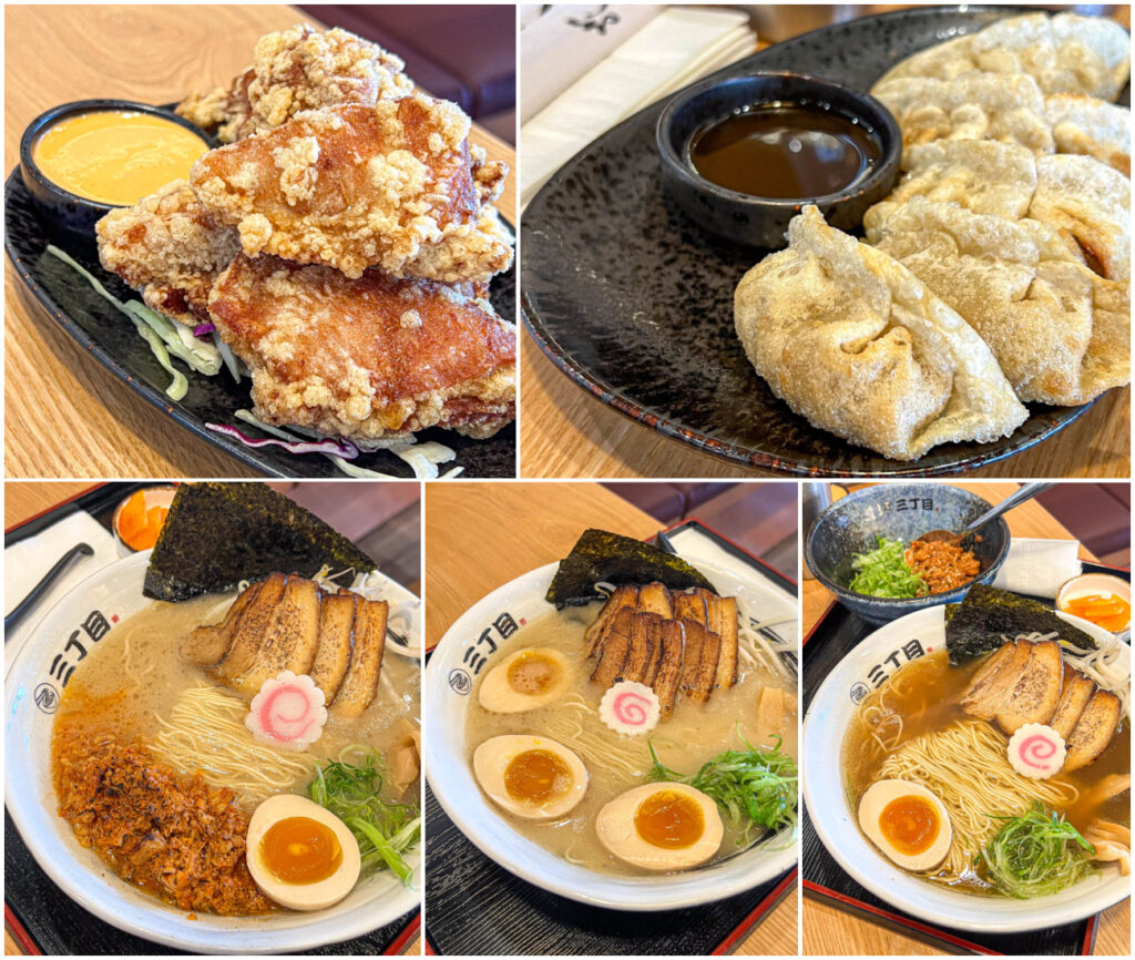 Five photo collage of chicken karaage, gyoza, pork ramen, tonkotsu ramen, and shoyu ramen.