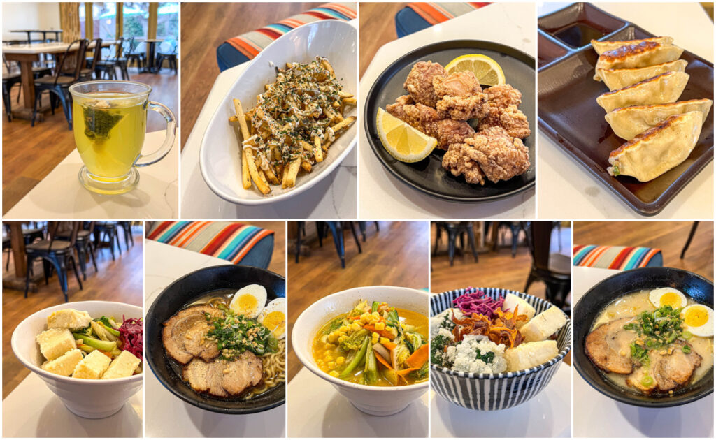 Nine photo collage of tea, furikake fries, fried chicken, gyoza, fried tofu bowl, shoyu ramen, miso veggie ramen, tendon, and tonkotsu ramen.