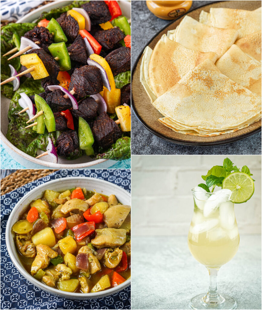 Stick Meat, Nigerian Pancakes, Chicken Curry, and Pineapple Skin Drink.