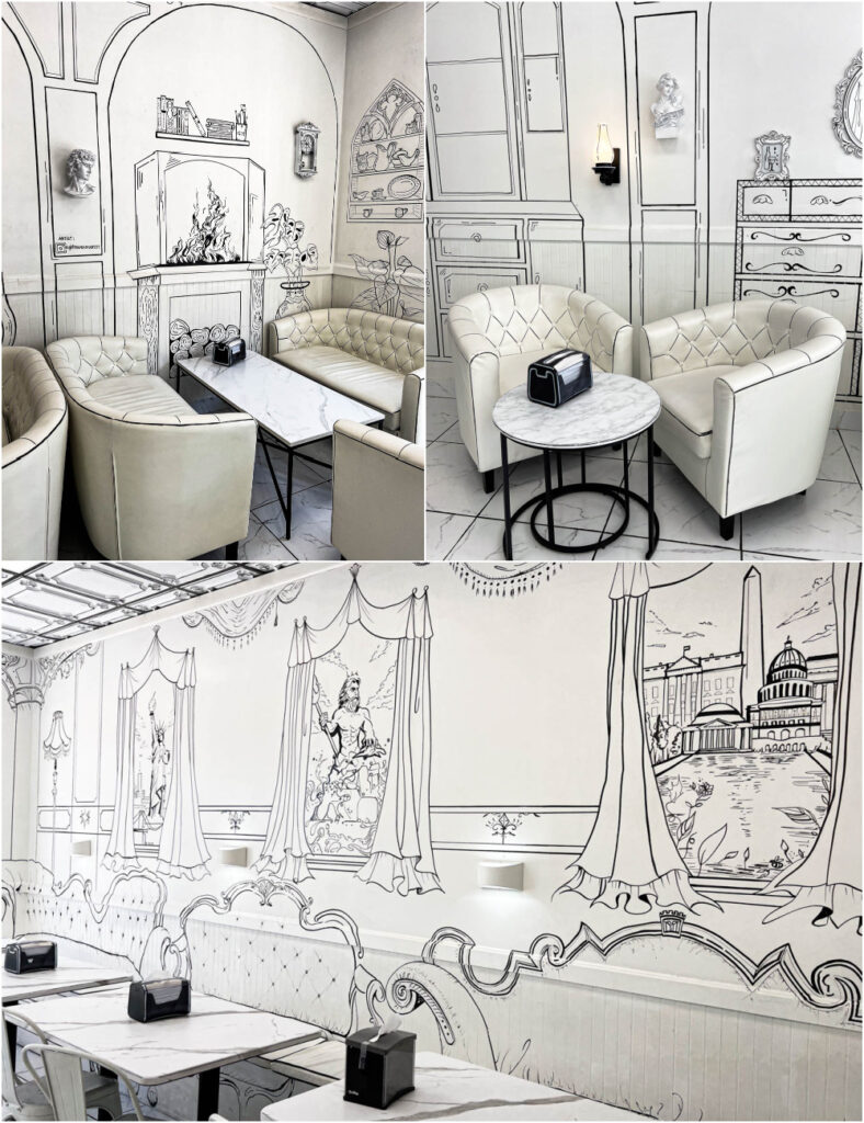 Three photo collage of white and black 2D style sofas, chairs, and tables in 2D Cafe and Eatery.