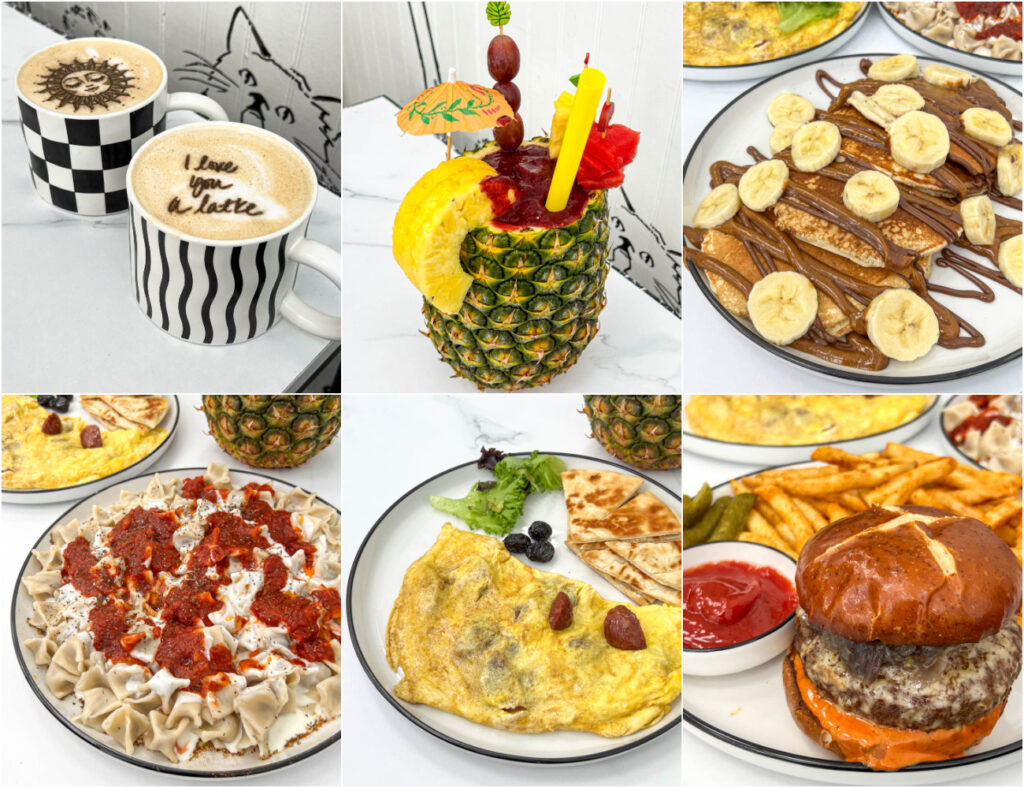 Six photo collage of lattes, smoothie in a pineapple bowl, pancakes, dumplings, omelette, and a burger from 2D Cafe.