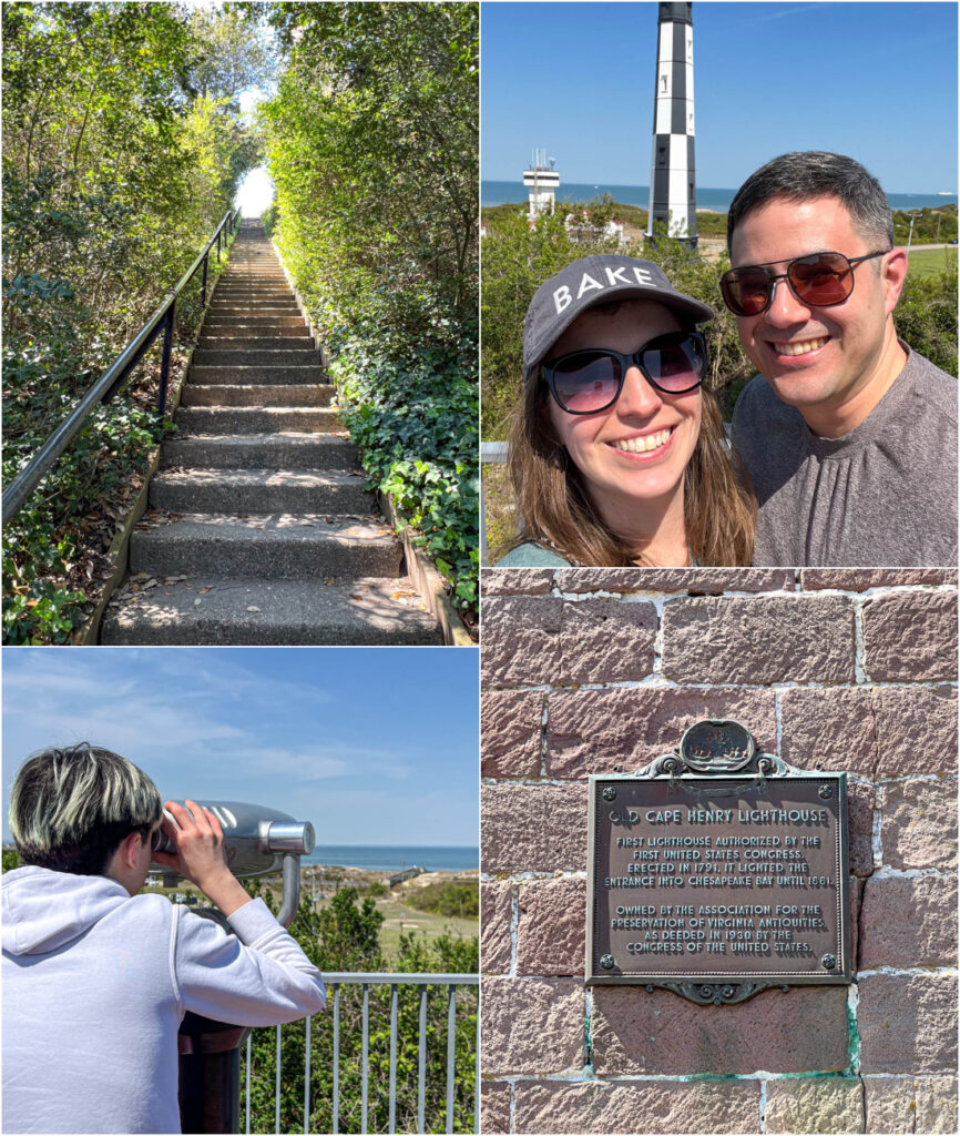 Four photo collage of stairs  surrounded by trees, man and woman smiling in front of lighthouse, boy looking in binoculars, and sign for Cape Henry Lighthouse.