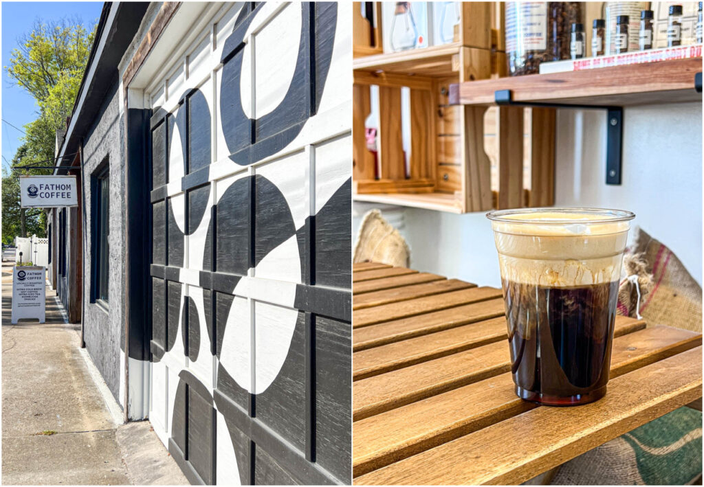 Two photo collage of black and white entrance to Fathom Coffee and a cup of nitro cold brew.