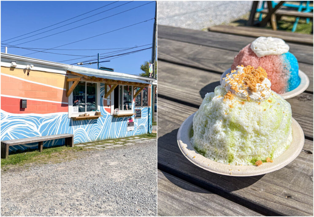 Two photo collage of building with waves mural and two bowls of shave ice on a picnic table.