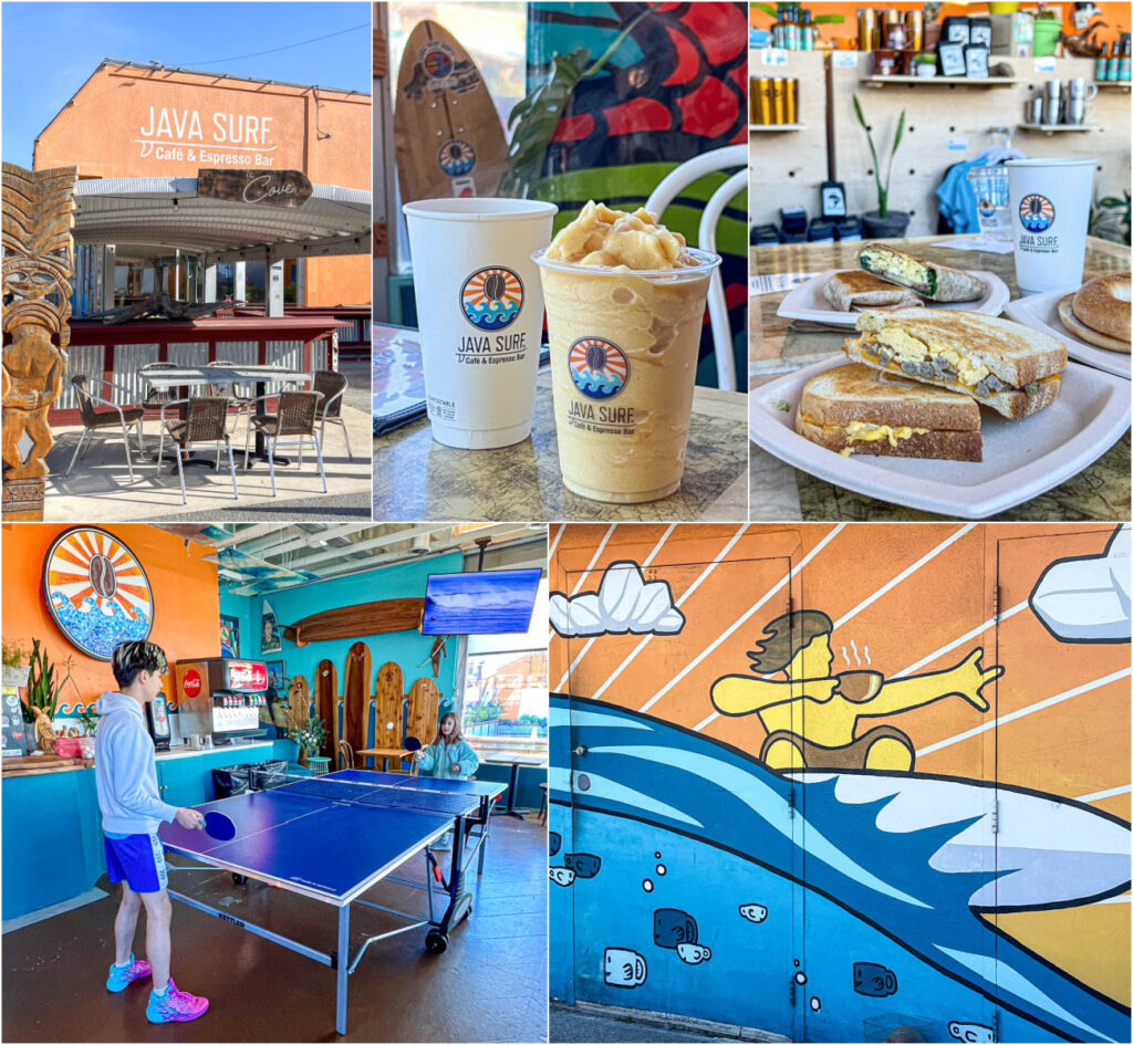 Five photo collage of entrance to Java Surf Cafe  with outdoor tables, smoothie, coffee, egg sandwich, two kids playing table tennis, and a mural of a man surfing with coffee cup.