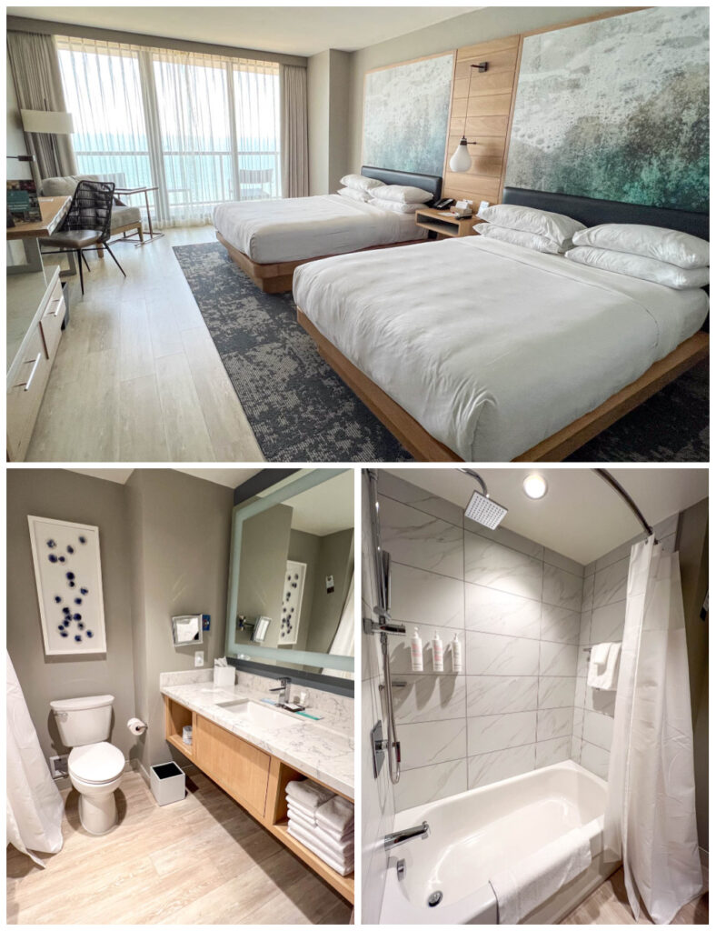 Three photo collage of two queen beds in room, toilet and sink in bathroom, and bathtub.