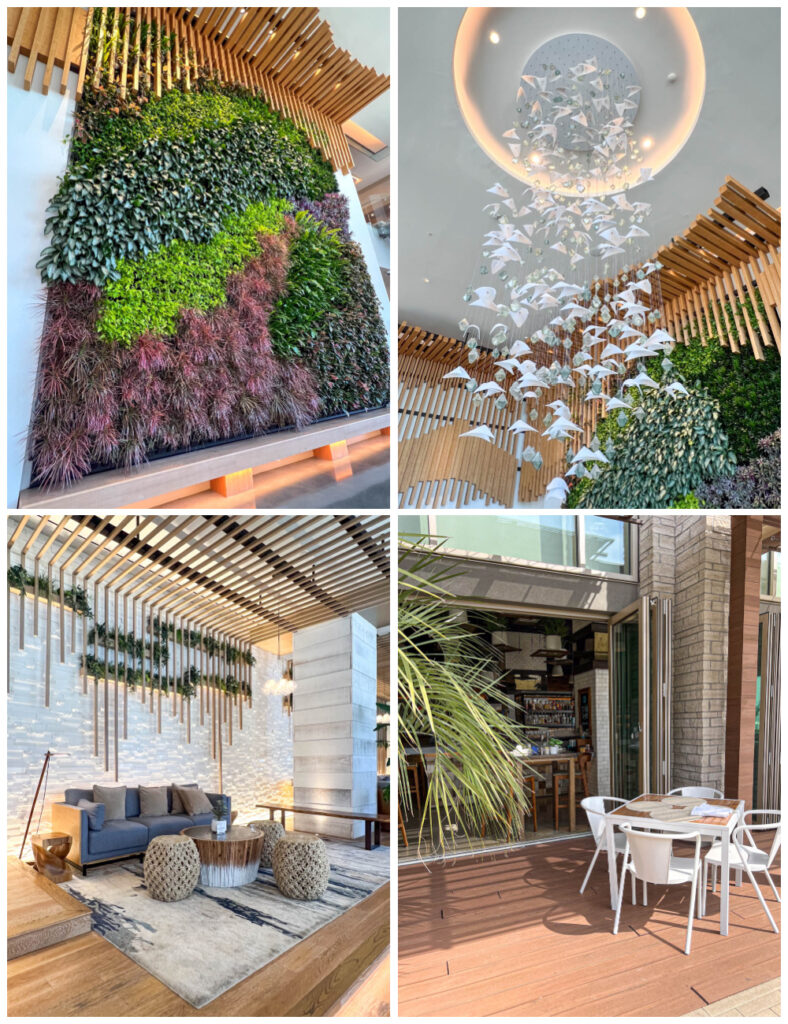 Four photo collage of wall covered with plants, crystals hanging from ceiling, sofa, and table and chairs next to a bar at Marriott.