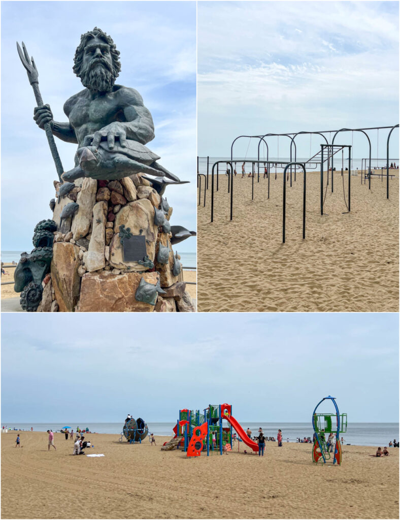 Three photo collage of King Neptune statue, fitness bars, and playground at Neptune's Park.