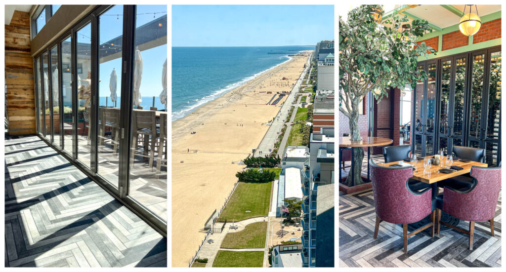 Three photo collage of patio, view of beach, and chairs next to wine storage at Orion's Roof.