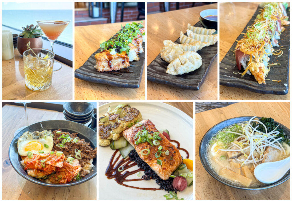 Seven photo collage of cocktails, tuna, dumplings, sushi, beef bowl, seared salmon, and ramen from Orion's Roof.