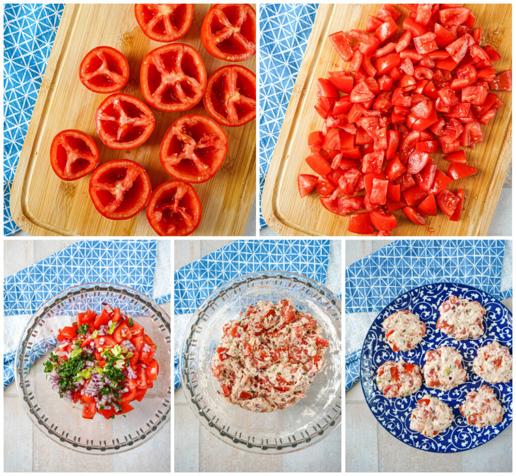 Five photo collage of halved tomatoes without the seeds, chopped tomatoes, tomatoes in a bowl with herbs, tomatoes mixed with the flour mixture, and batter formed into patties on a plate.